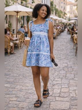 Stellah Blue Batik Floral Ribbon Trim Mini Dress Tie Strap Size Large NWT